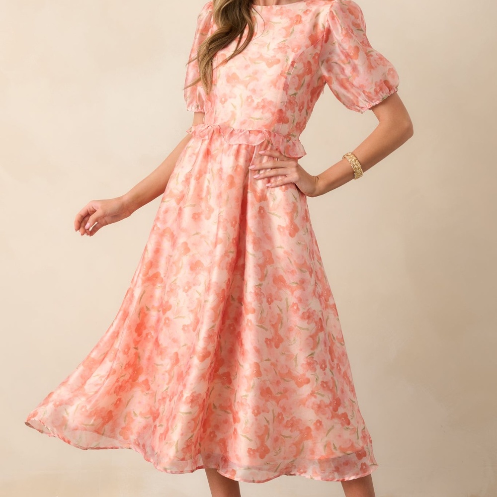 Red Dress Tale As Old As Time Light Orange Floral Midi Dress Size LL / Orange